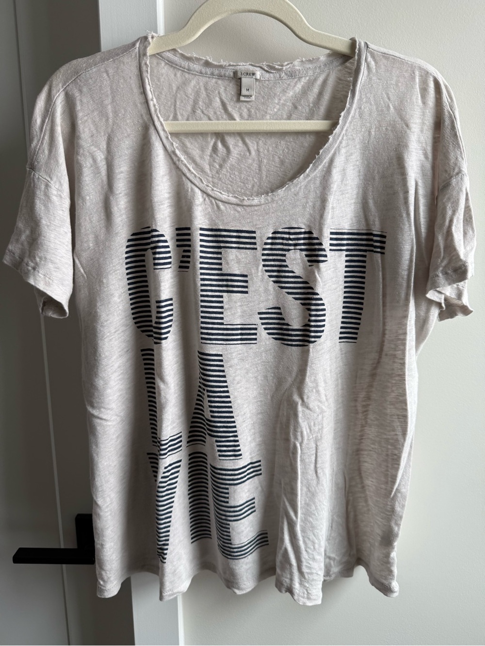 J. Crew Beige Short-Sleeve Tee with Navy Striped 'C'EST' Graphic